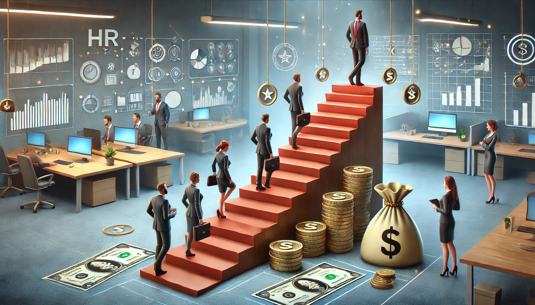 An illustration depicting the drawbacks of performance based pay, highlighting stress and competition.