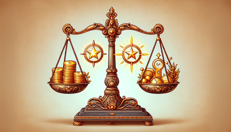 Illustration of a scale with coins and benefits on one side and talent on the other