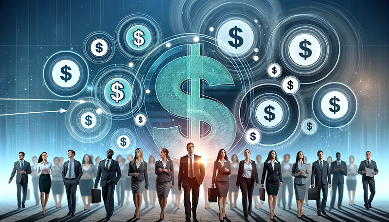 Illustration of a diverse group of employees with dollar signs representing components of target compensation