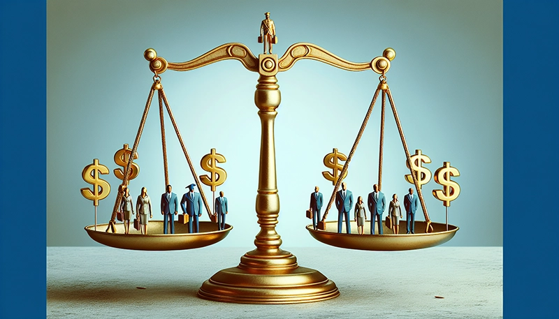 Illustration of a scale with employees on one side and dollar signs on the other