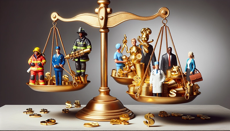 Illustration of a scale with job roles on one side and dollar signs on the other