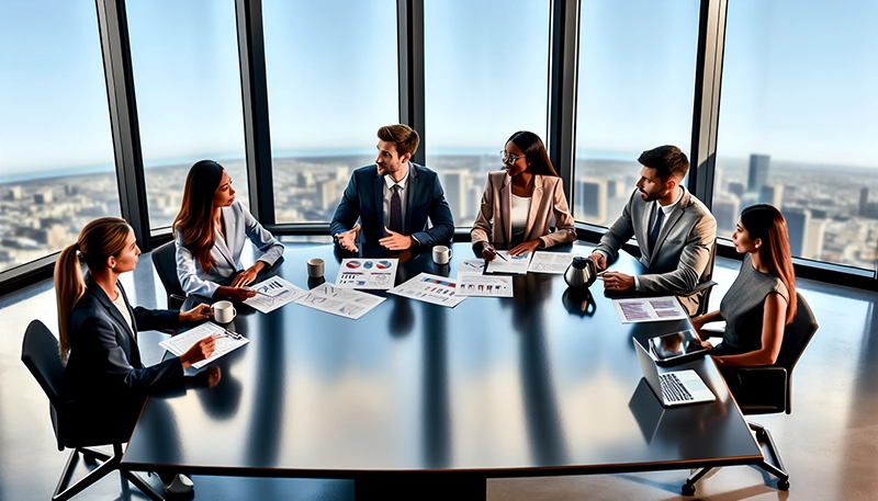 A group of employees in a meeting discussing performance-based pay structure