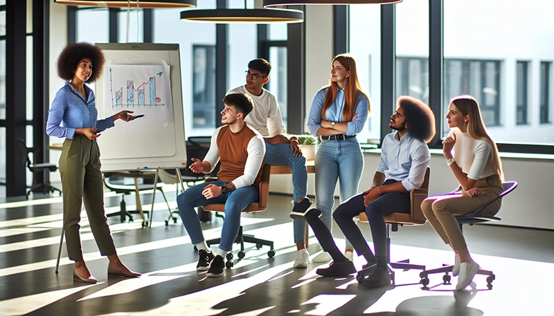 Group of employees discussing performance-based compensation implementation