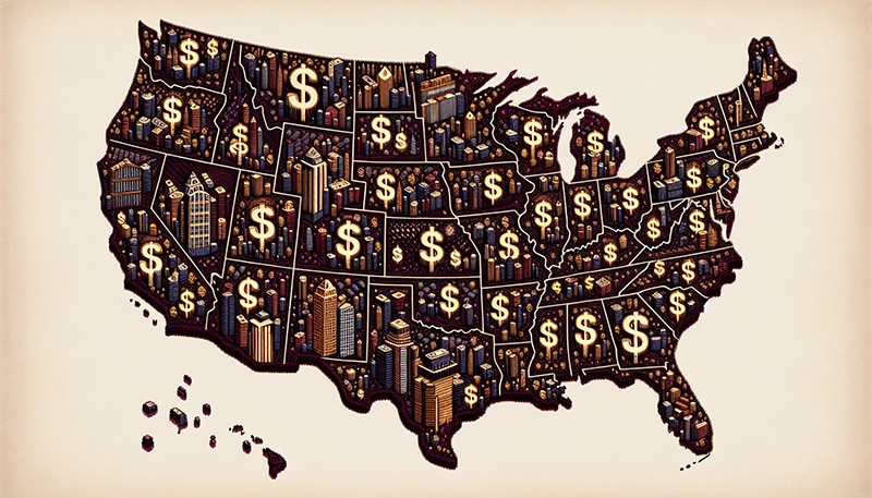 Illustration of a map showing US states with the highest finance manager pay