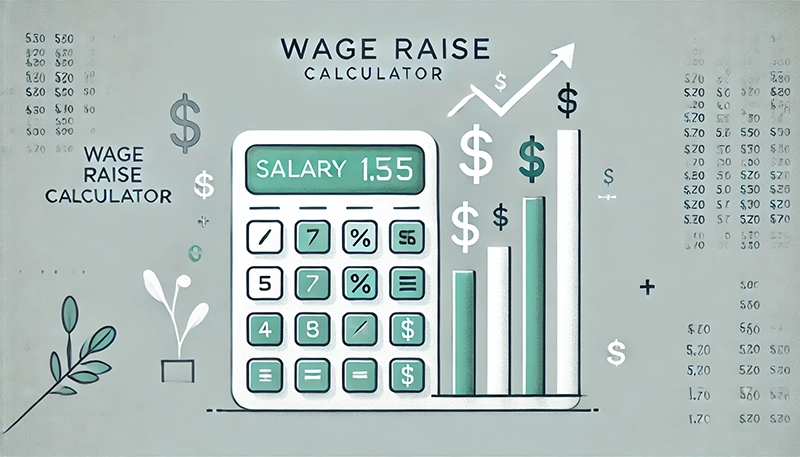 A cartoon depicting a person using a wage raise calculator on a laptop.
