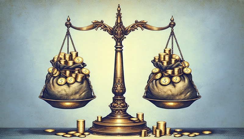 Illustration of a scale with money bags on one side representing competitive pay