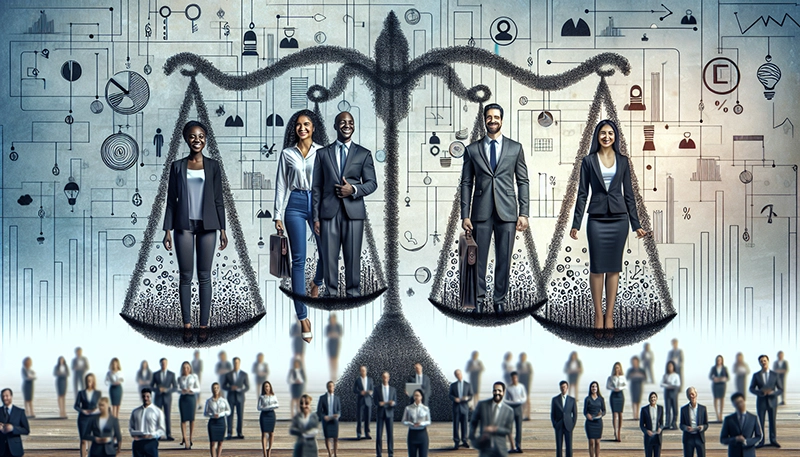 Illustration of diverse employees standing on a scale representing pay equity