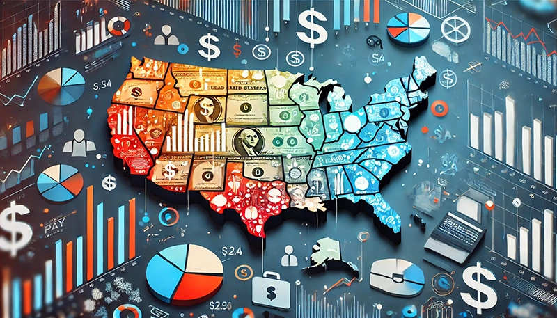 A visual representation of the factors involved in determining geographic pay differentials, including salary surveys and geographic locations.