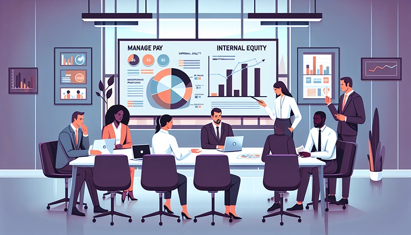 An illustration of HR professionals managing internal equity.