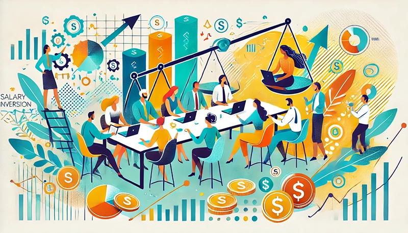 A cartoon illustrating strategies to address salary inversion.