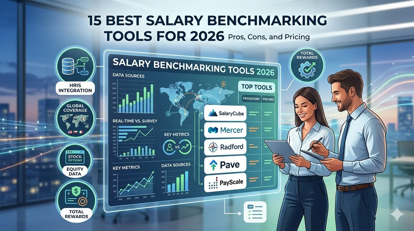 The image features a modern compensation analytics dashboard showcasing various salary benchmarking visualizations, including graphs and charts that illustrate market data and pay structures. This tool aids compensation specialists in making informed compensation decisions by utilizing comprehensive salary survey data and ensuring pay equity across job titles and salary ranges.