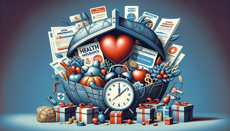 Illustration of a comprehensive benefits package, including health insurance and flexible work arrangements