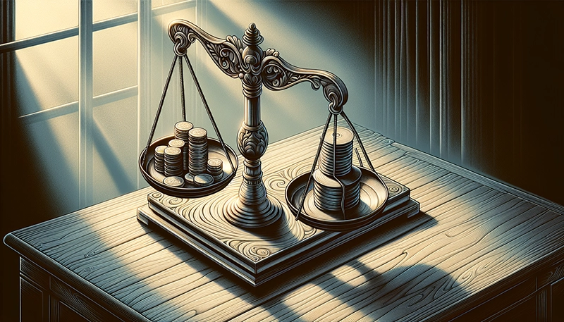 Illustration of a negotiation table with a scale representing fairness in salary negotiation