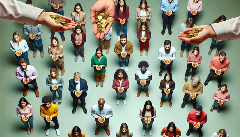 Illustration of employees receiving different amounts of money, representing non-competitive salaries