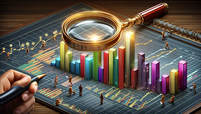 Illustration of a magnifying glass over a bar graph representing market trends and salary benchmarking