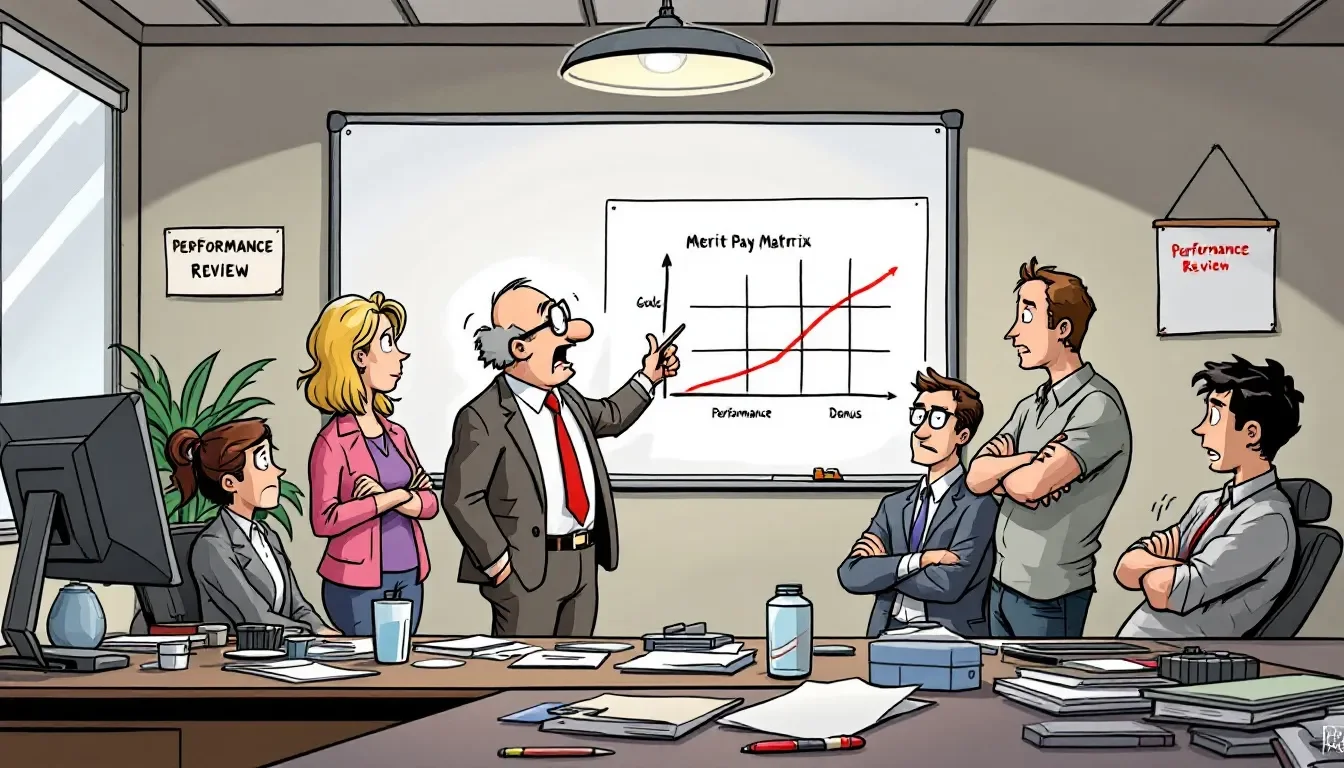 An illustration showing various companies implementing merit pay strategies.