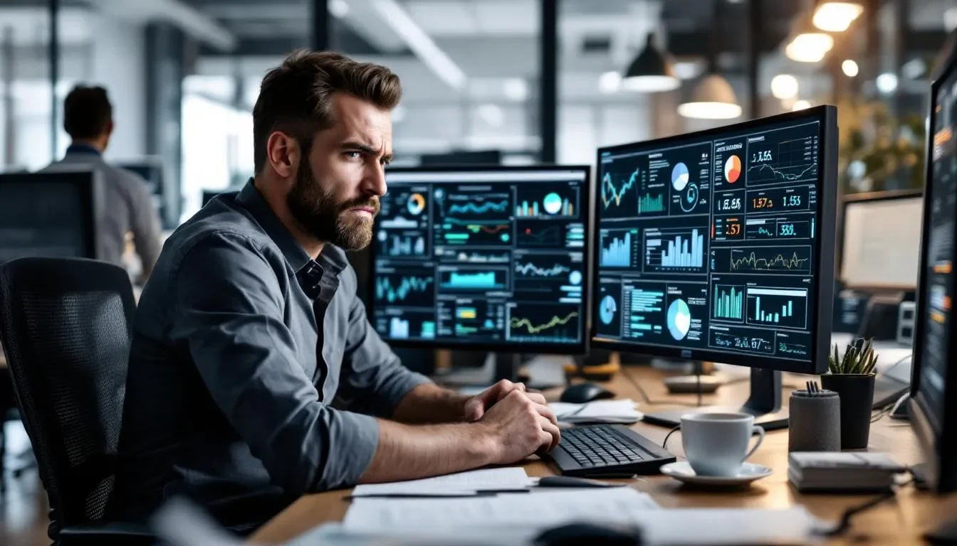 A frustrated business person is seated at a desk, surrounded by multiple computer screens displaying complex compensation data and analytics. The scene reflects the challenges of managing compensation strategies and planning within organizations, highlighting the need for effective compensation management solutions.