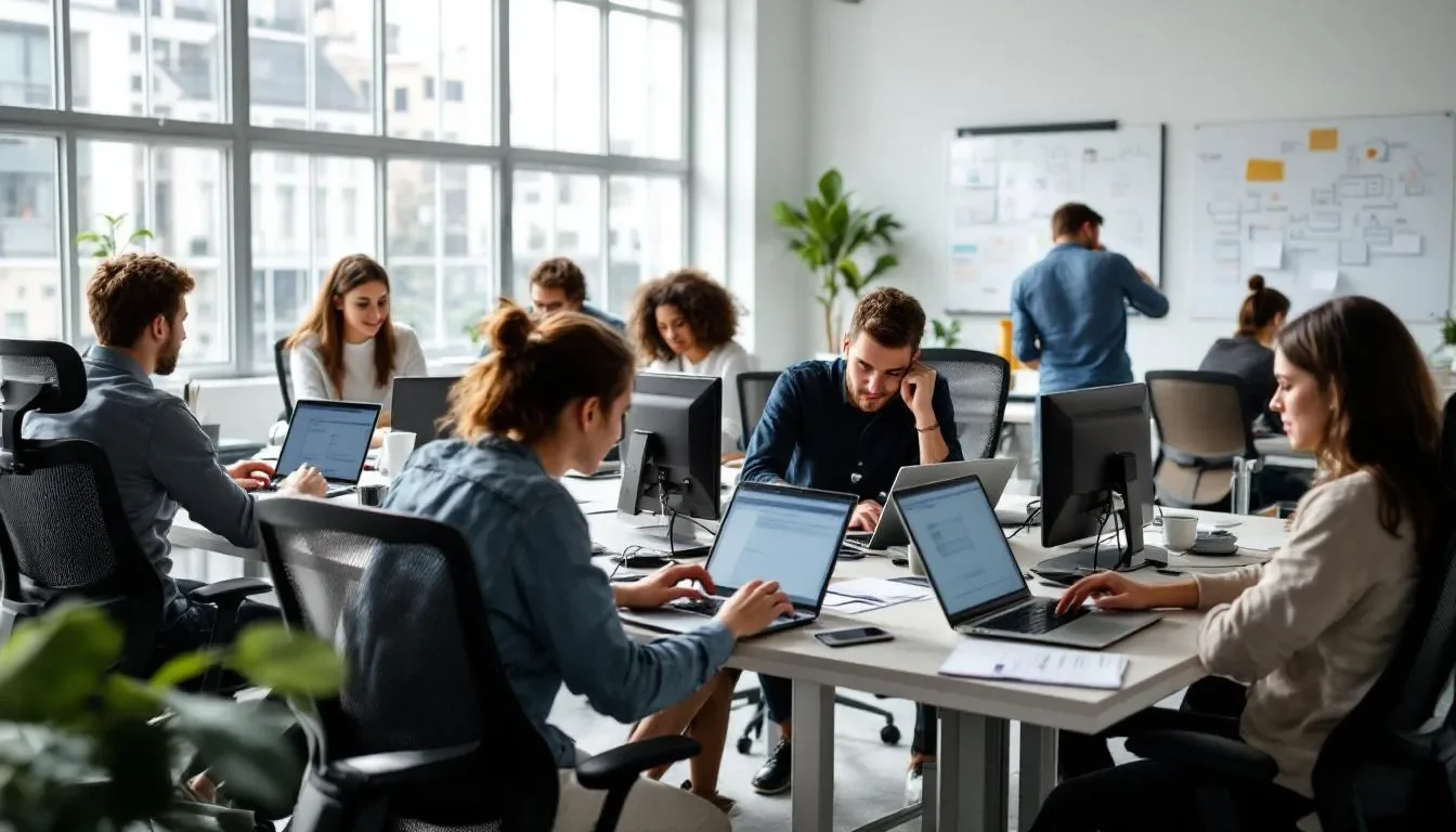 In a bright, modern workspace, young professionals are collaborating on laptops, engaging in discussions about compensation management strategies and utilizing compensation management software to enhance their projects. The atmosphere reflects teamwork and innovation, ideal for organizations seeking effective compensation solutions.