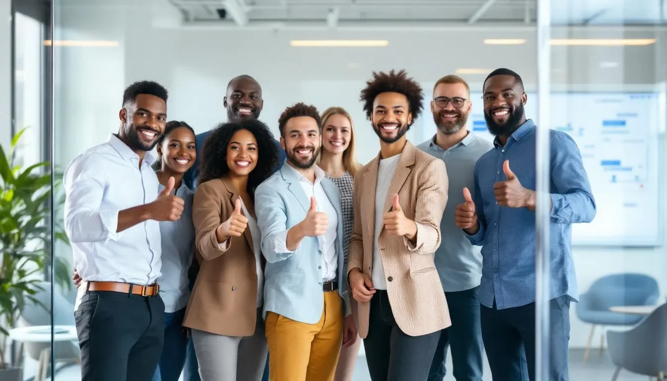 In a modern office setting, a happy and diverse team of employees is gathered, all giving thumbs up in celebration. This scene reflects a positive work environment, emphasizing teamwork and collaboration, essential elements in effective compensation management strategies.