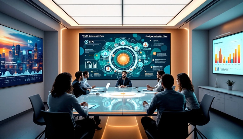 An image of a team meeting discussing variable compensation plans.