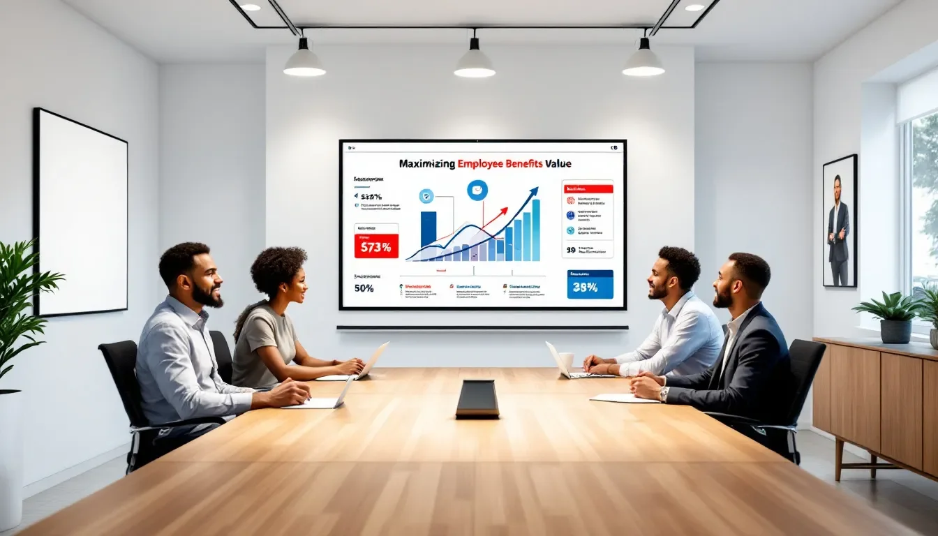 A business team discussing strategies to maximize employee benefits value.