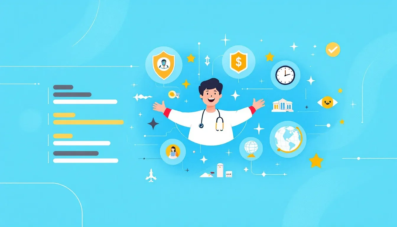 An infographic illustrating various employee benefits including health insurance and retirement plans.