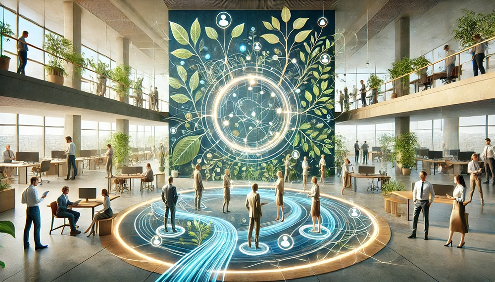 An illustration representing employee connectivity in a modern workplace.