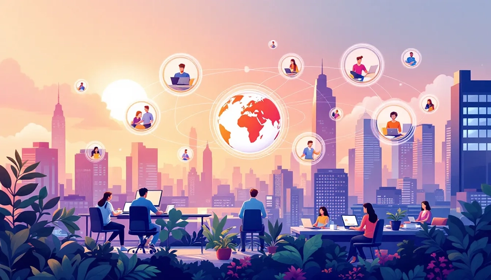 An image showcasing best practices for implementing hybrid work, emphasizing flexibility and employee feedback.