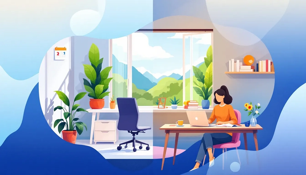 An illustration depicting the benefits of hybrid work, focusing on work-life balance and productivity.