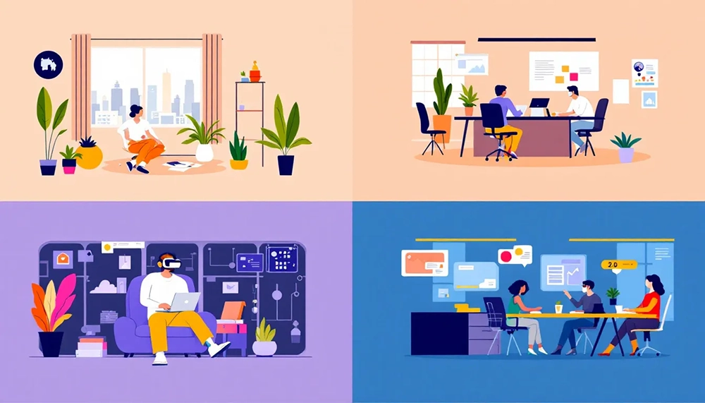 An overview image defining hybrid work, including various models and their characteristics.