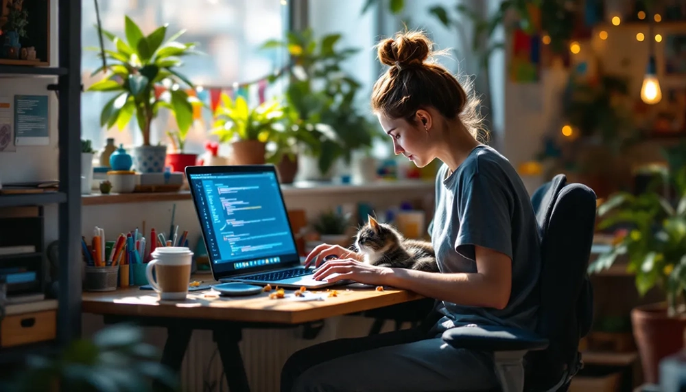 An illustration depicting a remote employee working from home, engaged in their tasks.