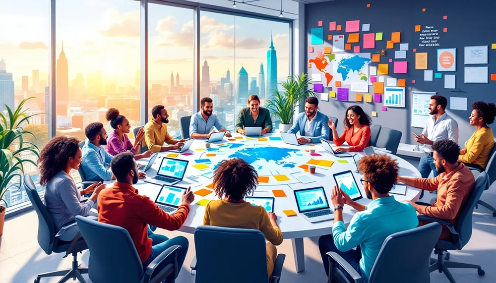 A team conducting an employee engagement survey using tablets.