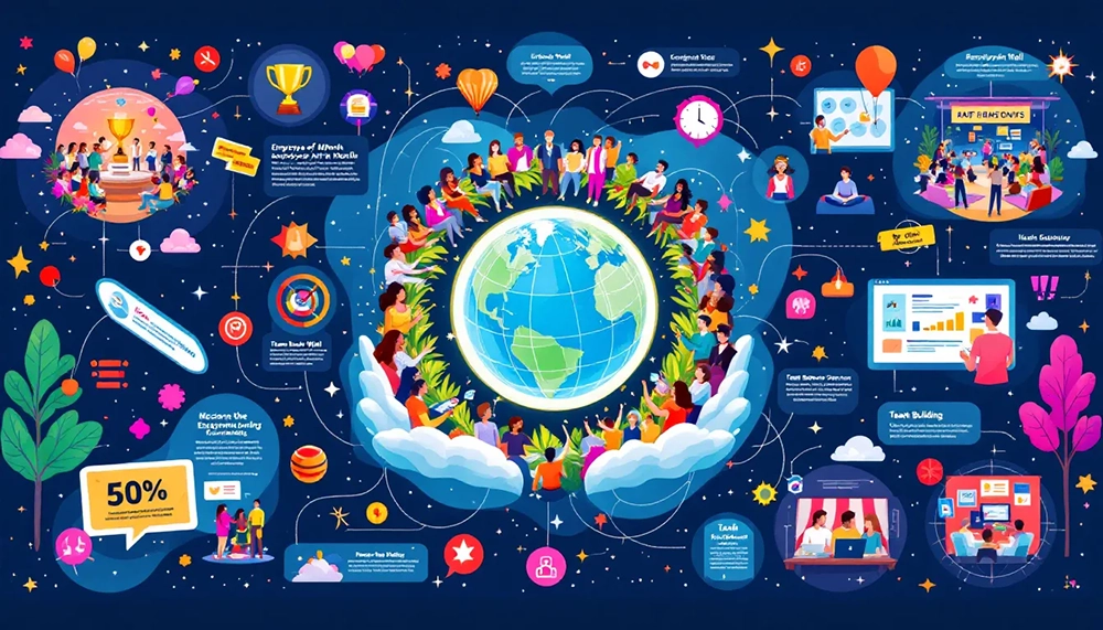 A collage of successful employee engagement initiatives from various companies.