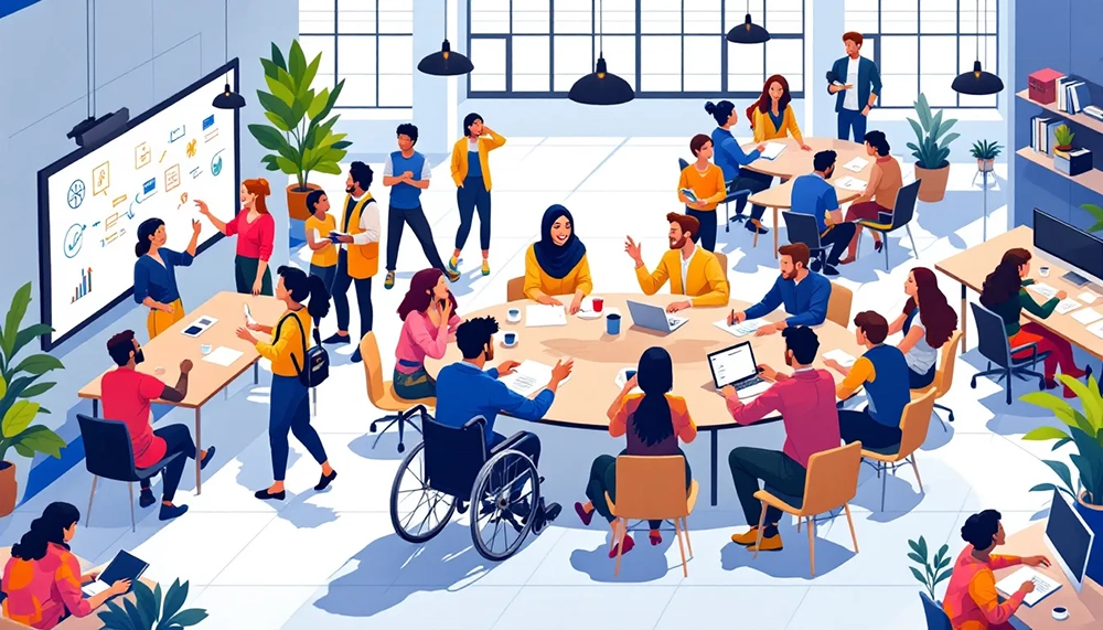 A diverse group of engaged employees collaborating in a modern office environment.