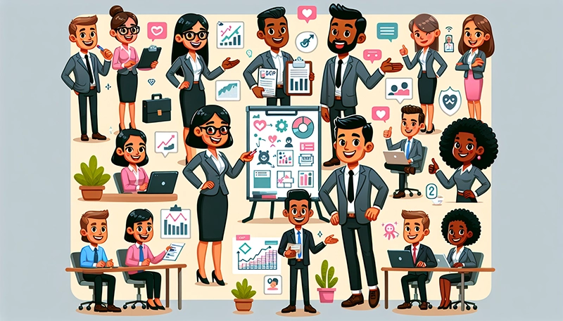 An illustration showing various mid senior level roles in a corporate environment.