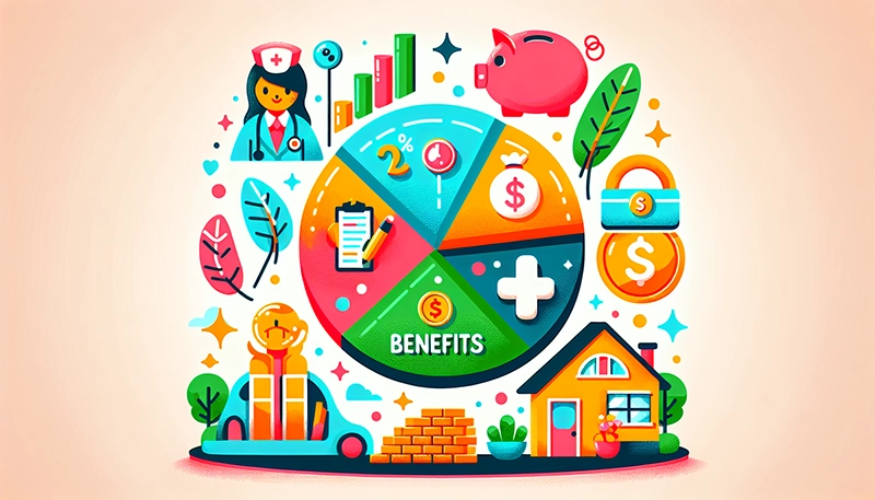 A cartoon depicting the average percentage of benefits to salary, highlighting the financial value of employee benefits.