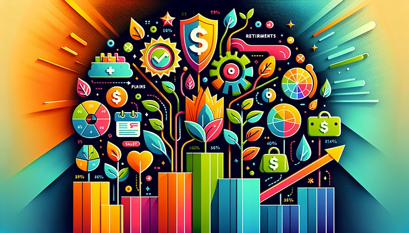 An illustration representing the benefits to salary ratio, showing various employee benefits and their impact on salary.