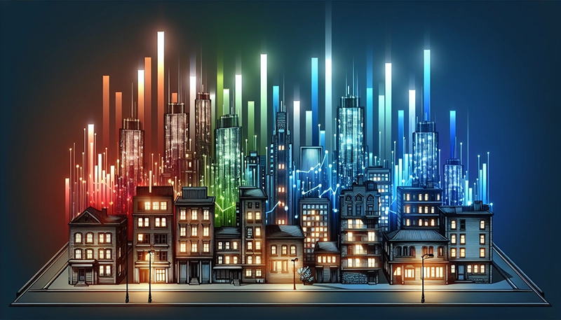 Illustration of a city skyline with salary figures