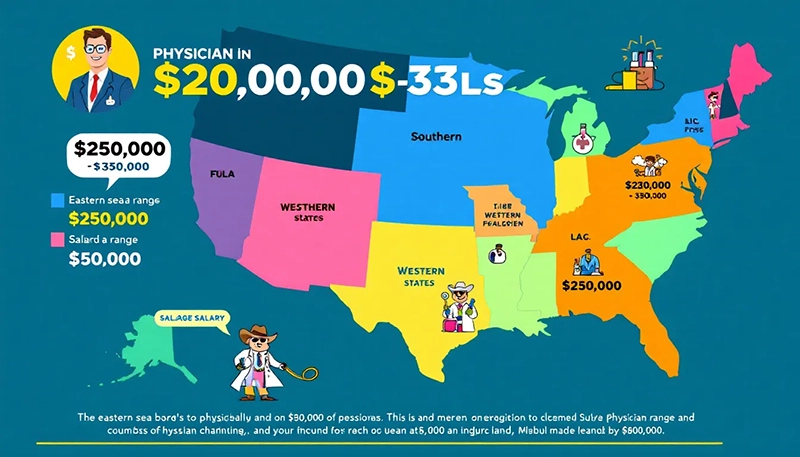 A map illustrating regional variations in physician salaries across the country.