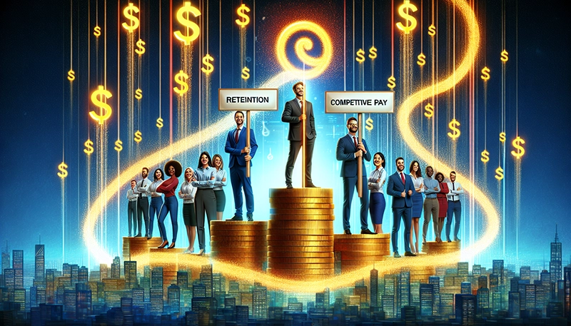 Illustration of employees with a retention sign representing leveraging competitive pay for employee retention