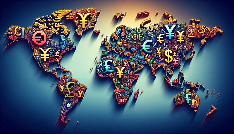 Illustration of a world map with currency symbols representing geographic impact on pay