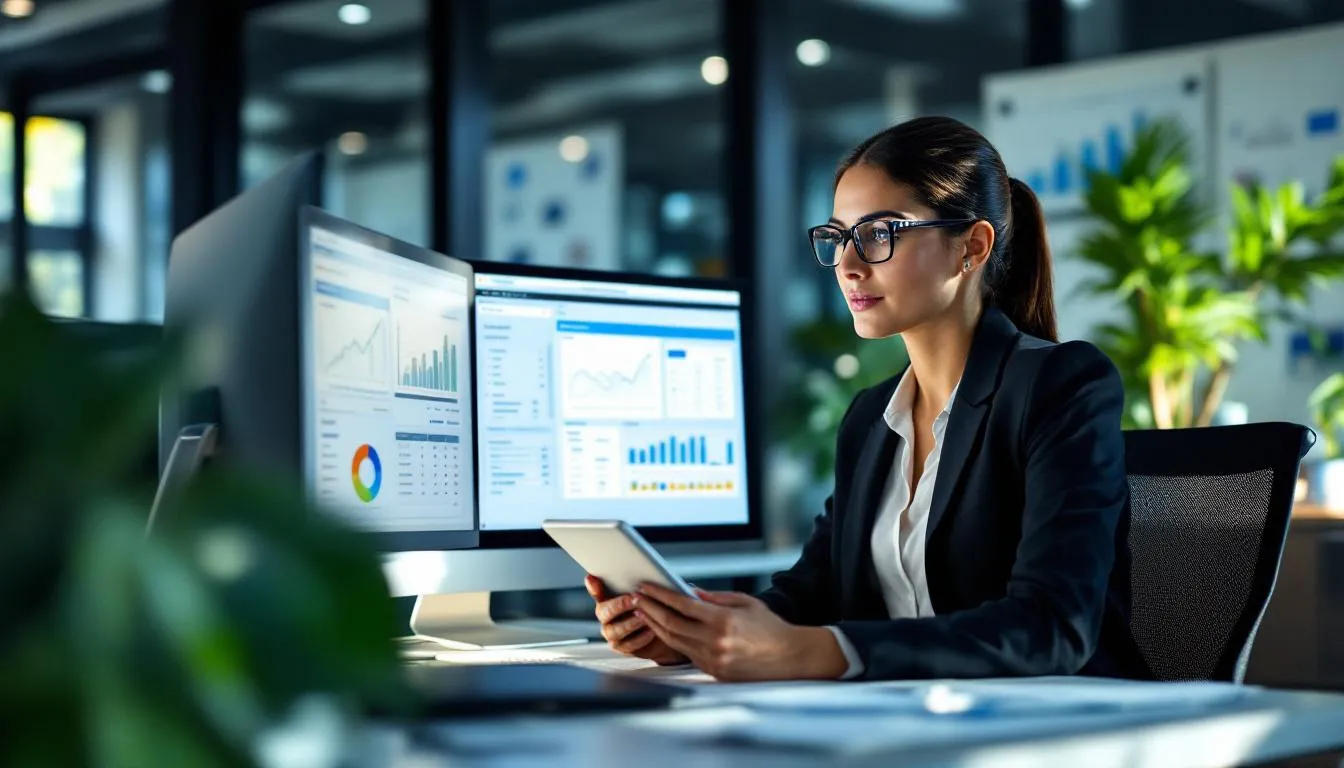 An HR professional is focused on analyzing compensation data displayed on multiple computer screens, reviewing insights related to pay equity and salary ranges to ensure fair pay practices within the organization. The setup showcases the use of advanced tools and reports to attract and retain top talent while staying updated on the latest trends in global compensation analysis.