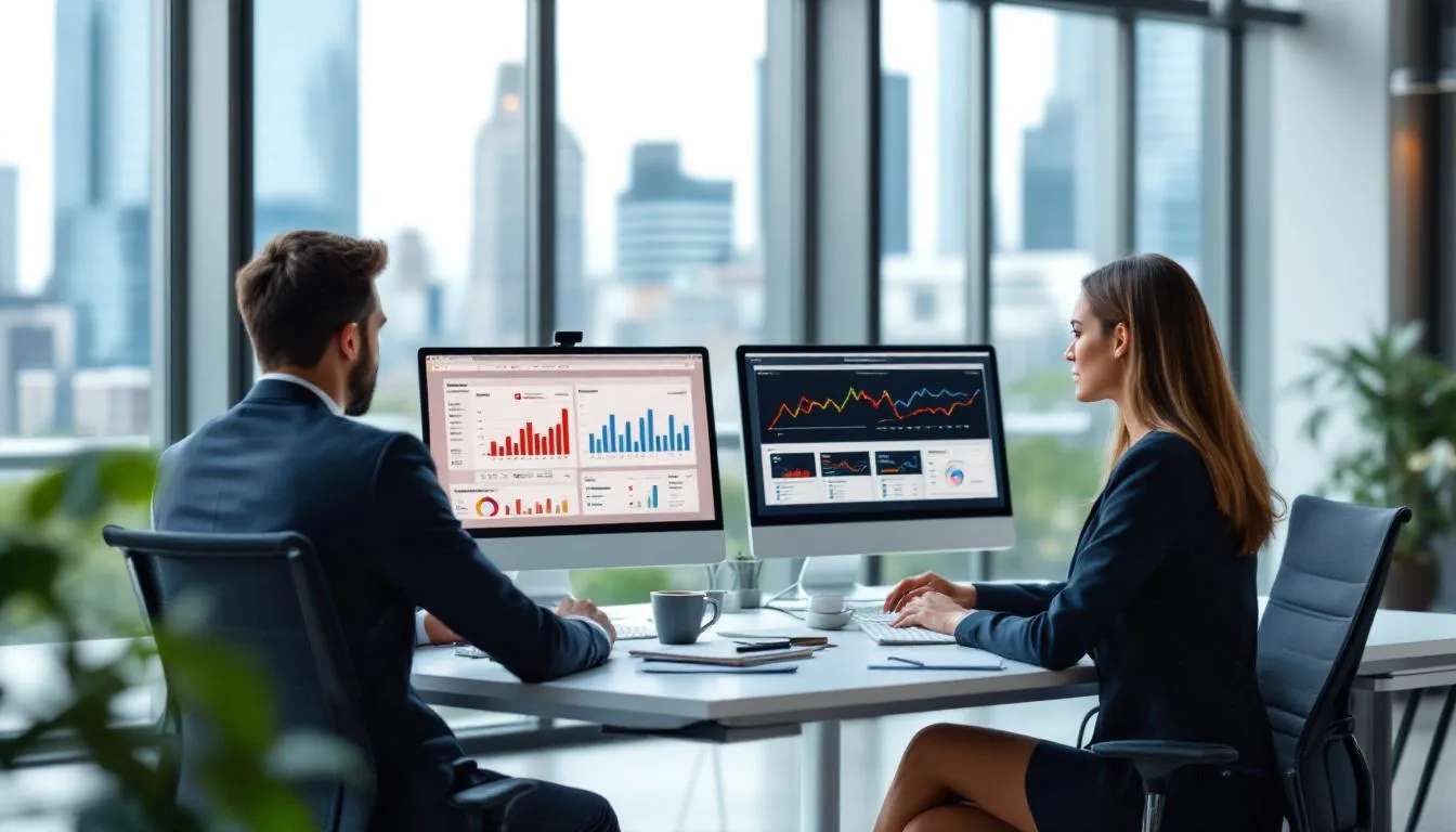 Two modern office workers are focused on analyzing detailed compensation data on their computers, discussing compensation strategies and current market trends to make informed compensation decisions. The scene reflects a collaborative effort in understanding equitable pay practices and salary benchmarking to enhance employee engagement and retention strategies.