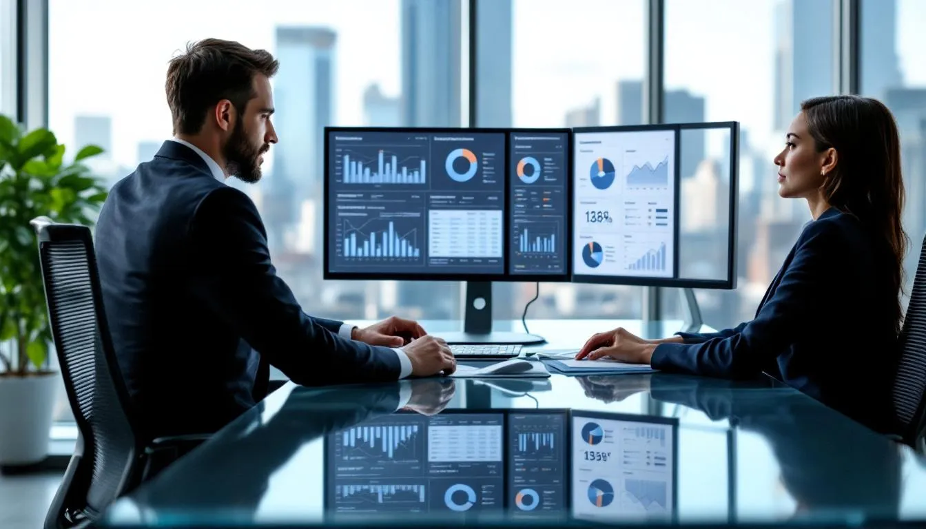 In the image, two business professionals are focused on analyzing detailed compensation data displayed on modern computer screens, utilizing comprehensive reporting tools to make informed compensation decisions. They are engaged in discussions about pay practices and competitive salary structures, highlighting the importance of accurate data for effective compensation management.