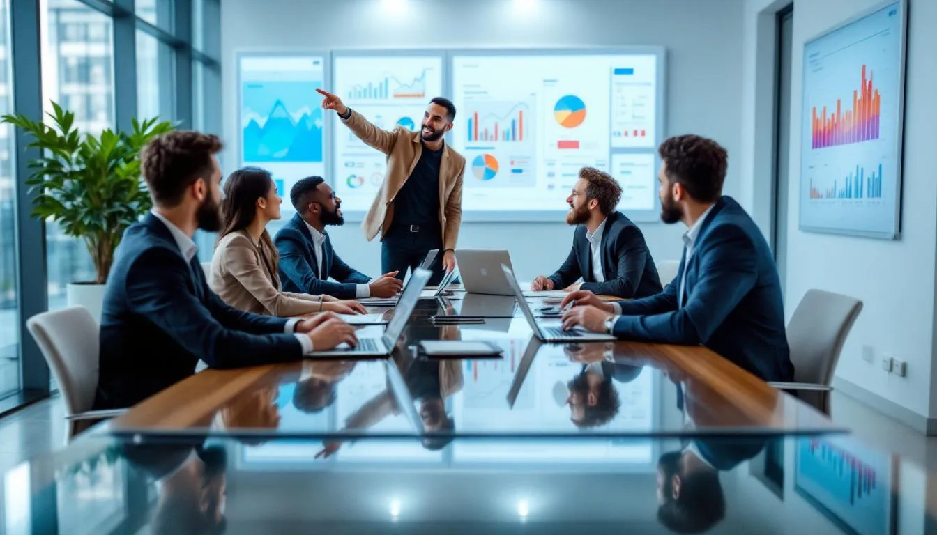 In a modern office setting, a diverse group of workers is collaborating around a conference table, equipped with laptops and charts, discussing compensation management strategies and analyzing compensation data to enhance their organization's pay equity and planning processes. The atmosphere is focused and productive, reflecting the importance of effective compensation management solutions in today's business environment.